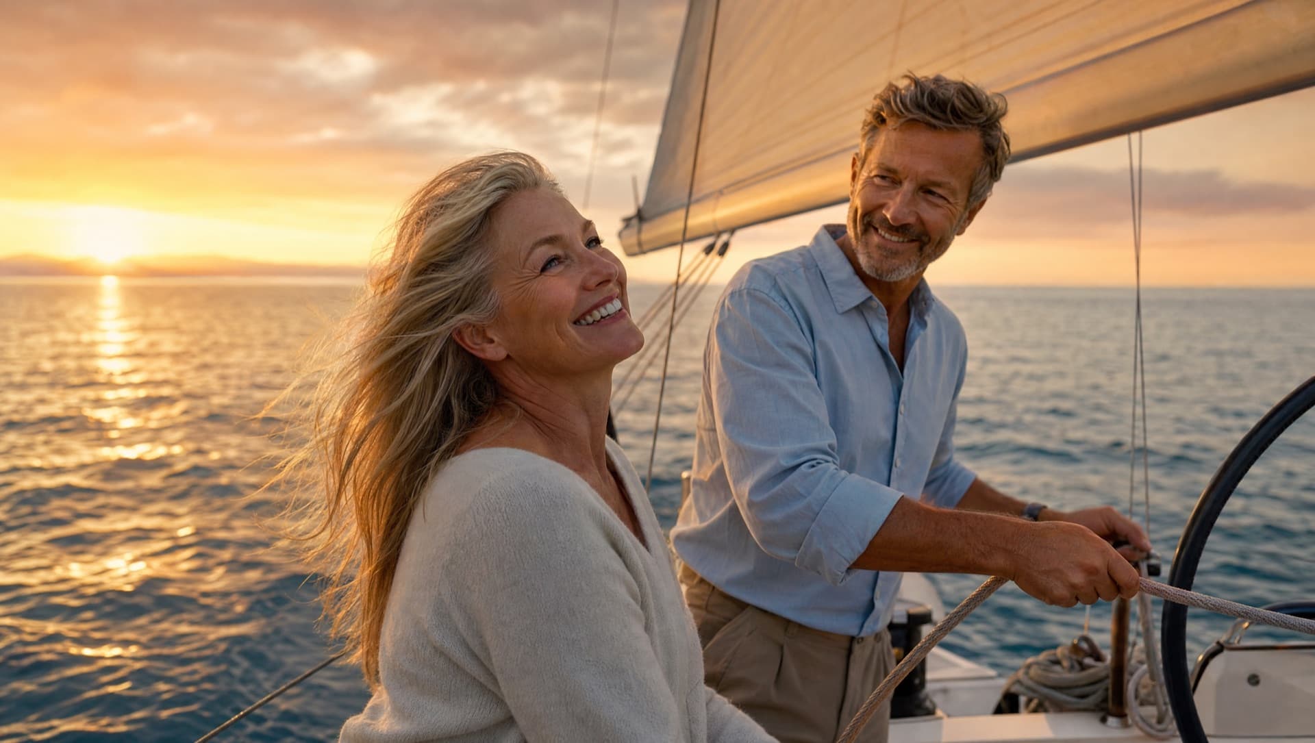 A couple sailing at golden hour, the woman laughing into the wind