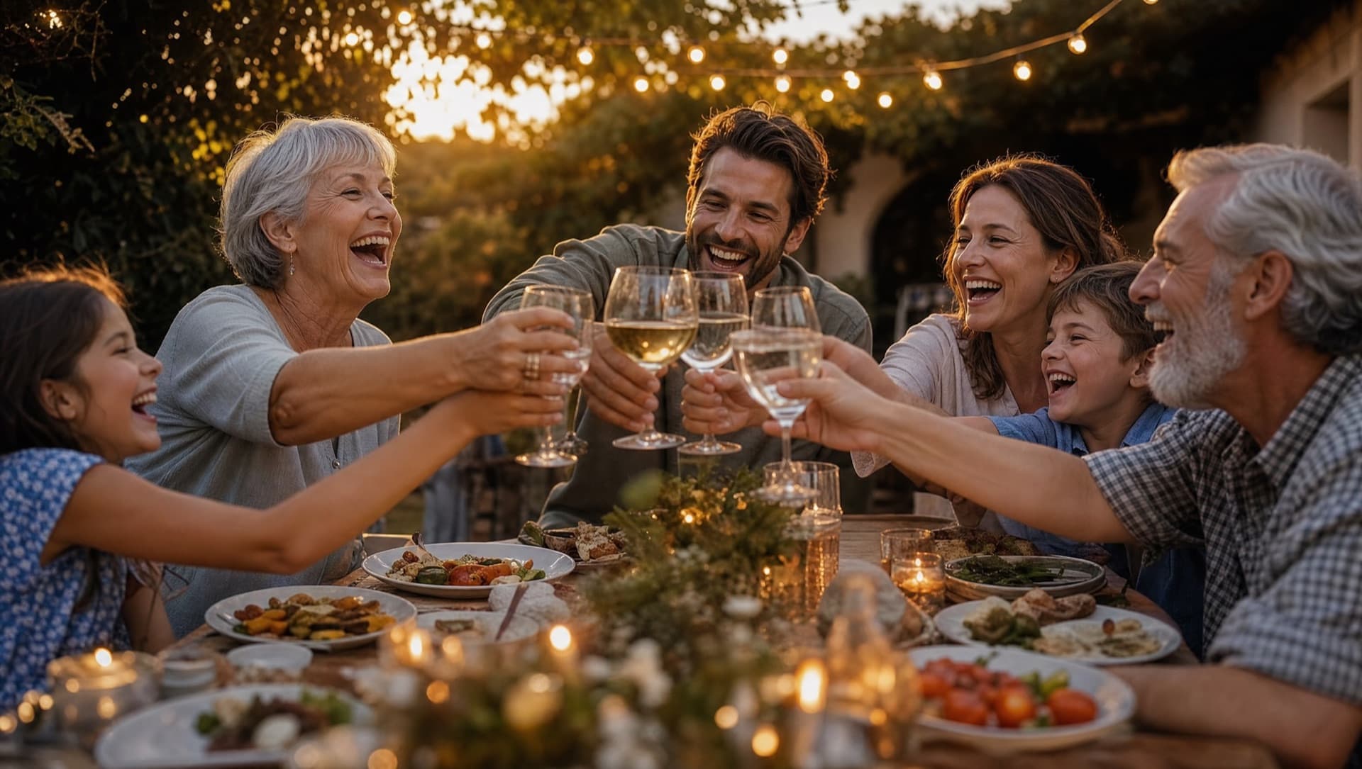 A family raising glasses around a candle-lit outdoor dinner table at golden hour