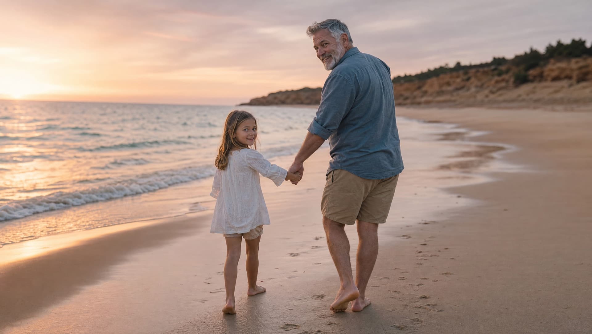 Un abuelo caminando por la playa de la mano de su nieto