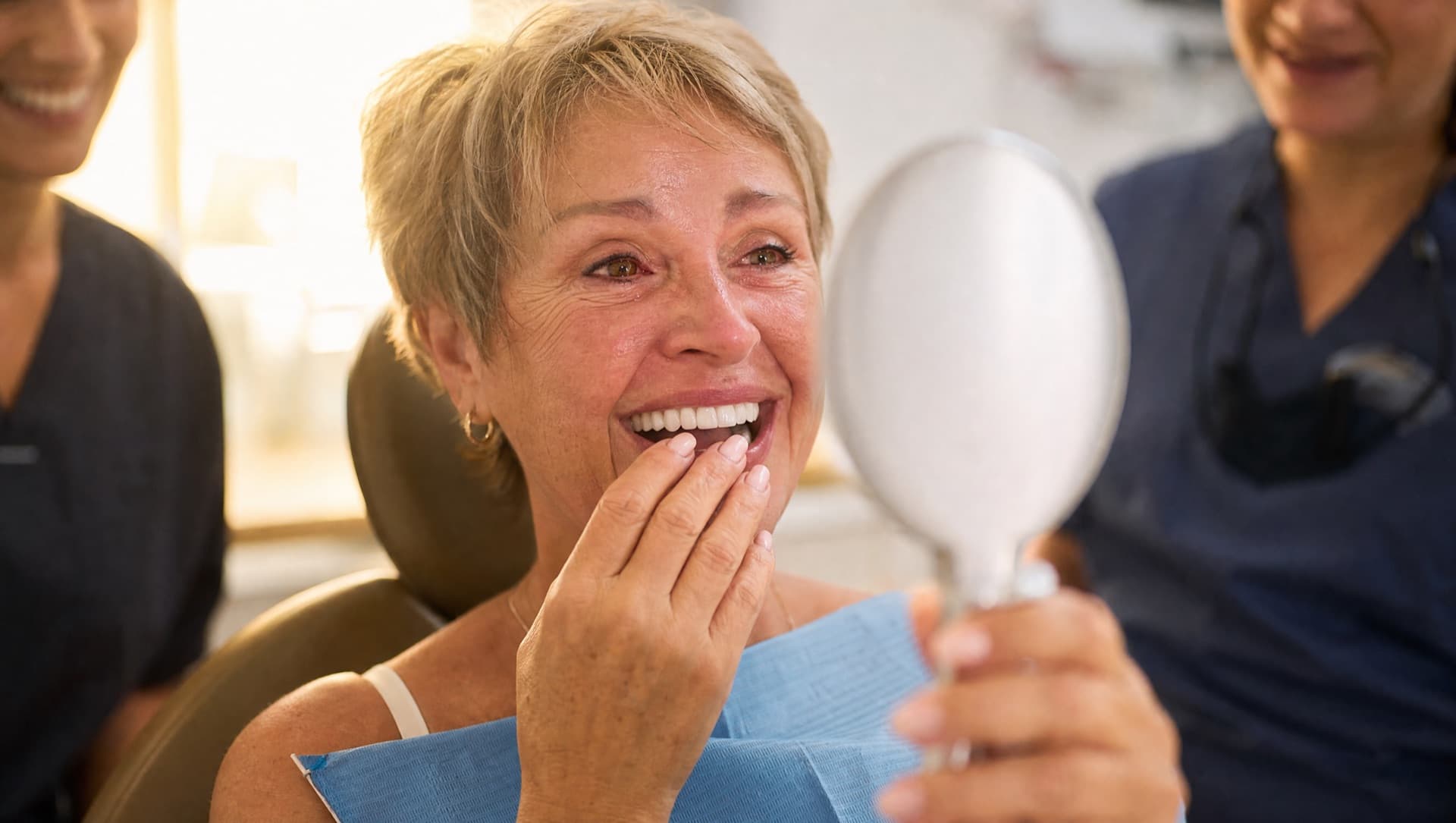 A patient in a dental chair seeing her new fixed teeth for the first time in a hand mirror
